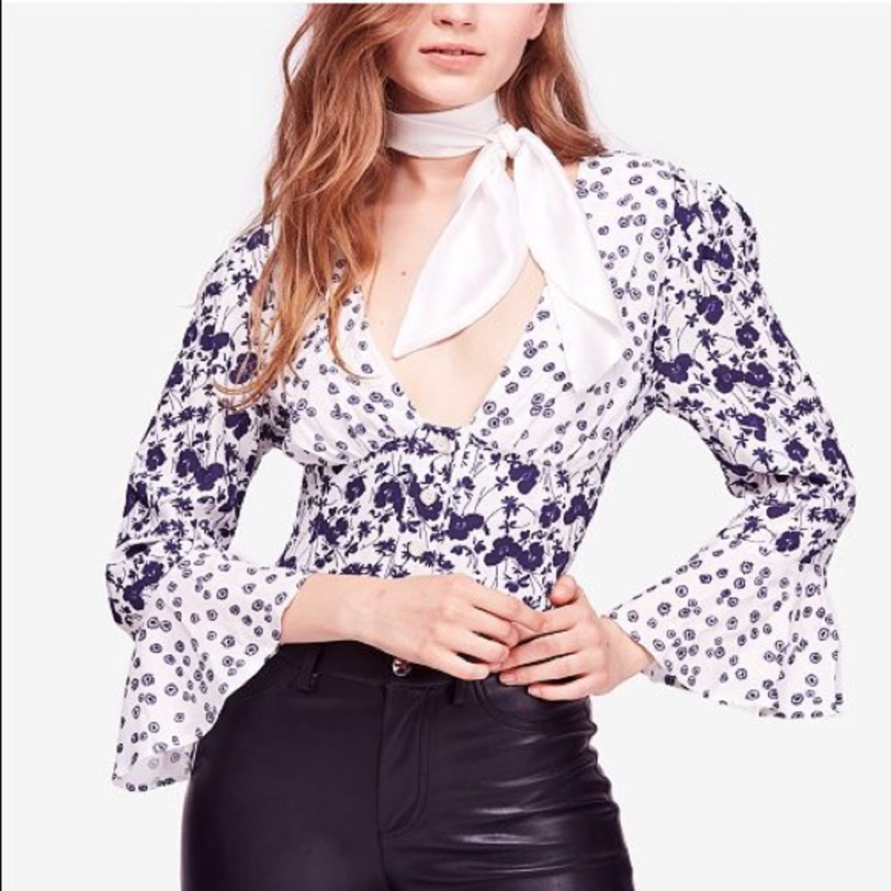 Free people navy white floral print blouse